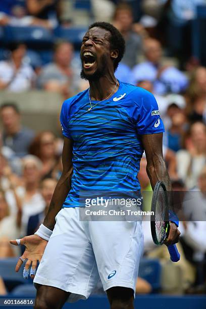 Gael Monfils of France reacts against Novak Djokovic of Serbia during their Men's Singles Semifinal Match on Day Twelve of the 2016 US Open at the...