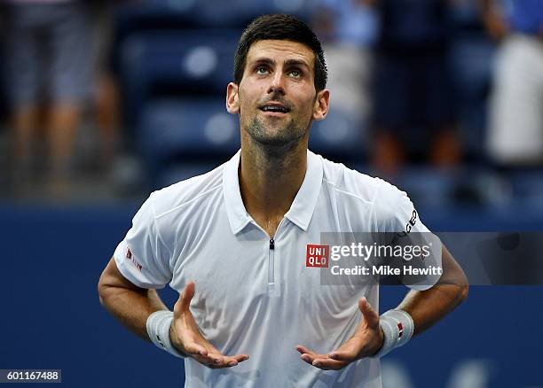 Novak Djokovic of Serbia celebrates defeating Gael Monfils of France with a score of 6-3, 6-2, 3-6, 6-2 during their Mens Singles Semifinal Match on...