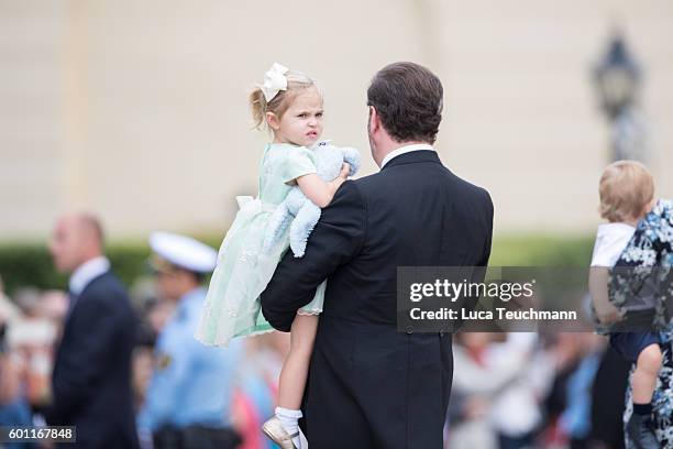 Chris O'Neill and Princess Leonore attend the christening of Prince Alexander of Sweden at Drottningholm Palace Chapel on September 9, 2016 in...