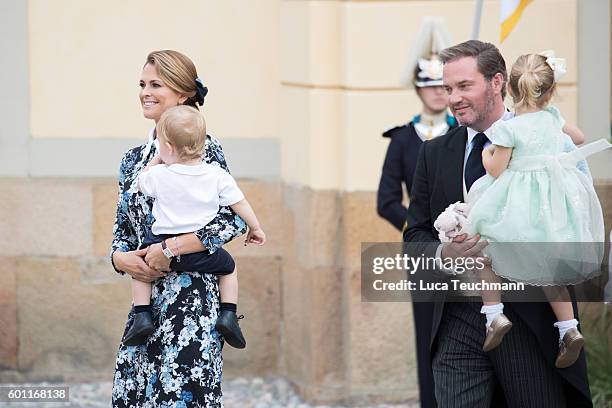 Princess Madeleine, Prince Nicolas, Chris O'Neill and Princess Leonore attend the christening of Prince Alexander of Sweden at Drottningholm Palace...