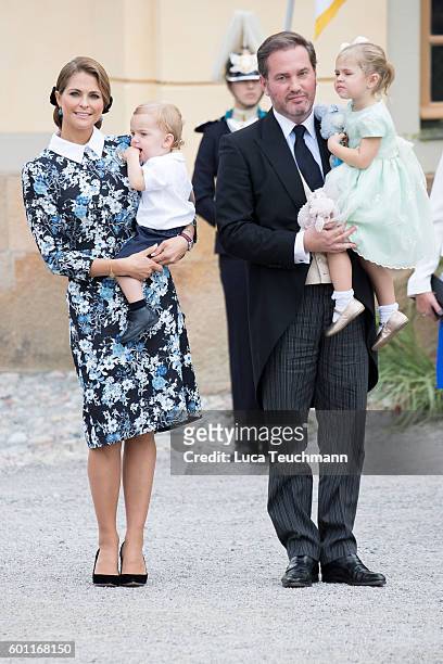 Princess Madeleine, Prince Nicolas, Chris O'Neill and Princess Leonore attend the christening of Prince Alexander of Sweden at Drottningholm Palace...