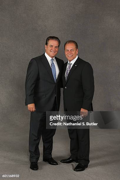 Inductee Tom Izzo poses for a portrait with former Detroit Lions head coach Steve Mariucci prior to the 2016 Basketball Hall of Fame Enshrinement...