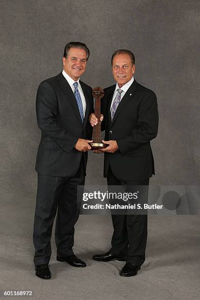 Inductee Tom Izzo poses with former NFL Head Coach Steve Mariucci for a portrait prior to the 2016 Basketball Hall of Fame Enshrinement Ceremony on...