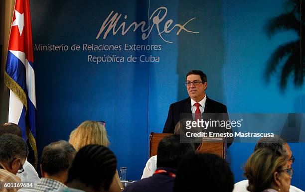 Foreign Minister of Cuba, Bruno Rodriguez Parrilla talks during a press conference to present the report of Cuba on economic, commercial and...