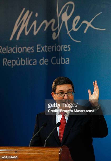 Foreign Minister of Cuba, Bruno Rodriguez Parrilla talks during a press conference to present the report of Cuba on economic, commercial and...