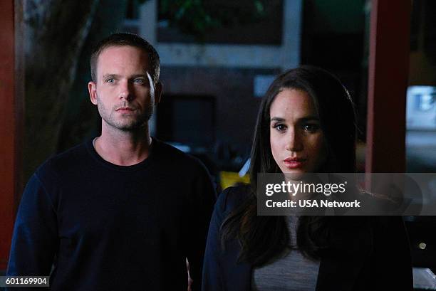 Episode 610 -- Pictured: Patrick J. Adams as Michael Ross, Meghan Markle as Rachel Zane --