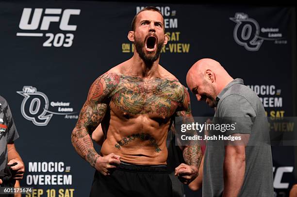Phil "CM Punk" Brooks of the United States reacts to the crowd during the UFC 203 Weigh-in at Quicken Loans Arena on September 9, 2016 in Cleveland,...