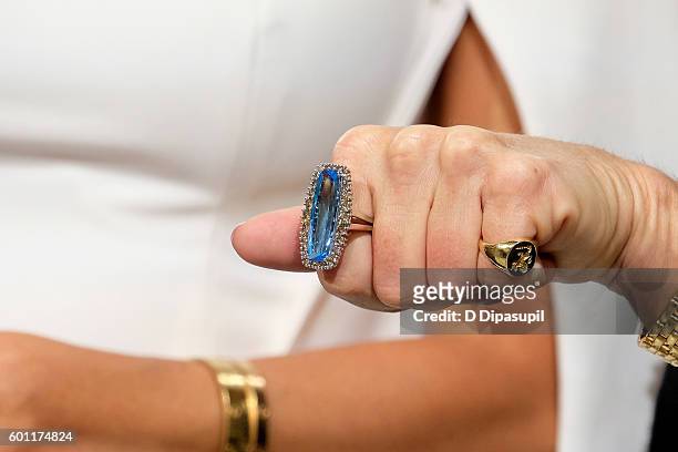 Melissa Rivers, ring detail, visits "Extra" at their New York studios at H&M in Times Square on September 9, 2016 in New York City.