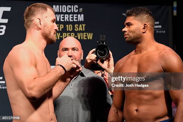 Stipe Miocic of the United States and Alistair Overeem of the Netherlands face off during the UFC 203 Weigh-in at Quicken Loans Arena on September 9,...