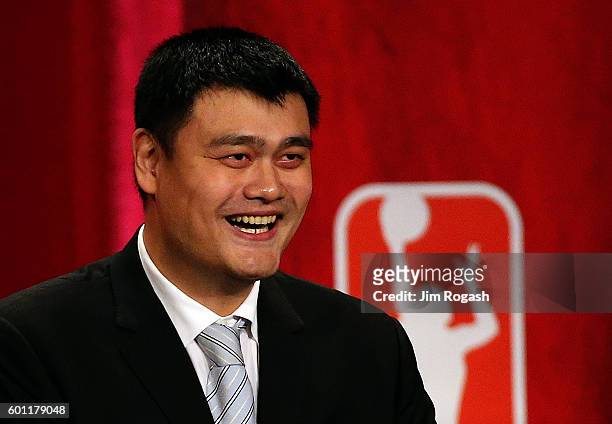 Yao Ming reacts during the 2016 Basketball Hall of Fame Enshrinement Ceremony at Symphony Hall on September 9, 2016 in Springfield, Massachusetts.