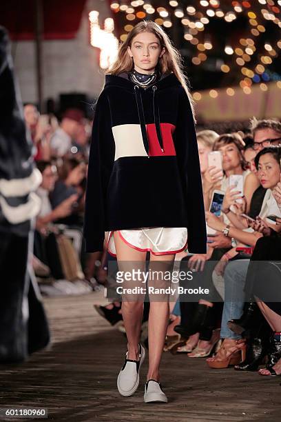 Model Gigi Hadid walks the runway at #TOMMYNOW Women's Fashion Show during New York Fashion Week at Pier 16 on September 9, 2016 in New York City.
