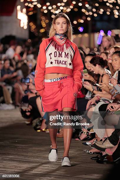 Model Hailey Baldwin walks the runway at #TOMMYNOW Women's Fashion Show during New York Fashion Week at Pier 16 on September 9, 2016 in New York City.