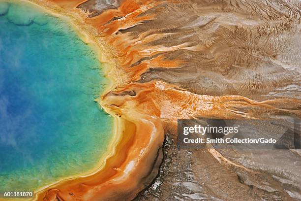 An aerial view of a section of Grand Prismatic Spring, Yellowstone National Park, Wyoming, June 22, 2006. Image courtesy Jim Peaco/Yellowstone...