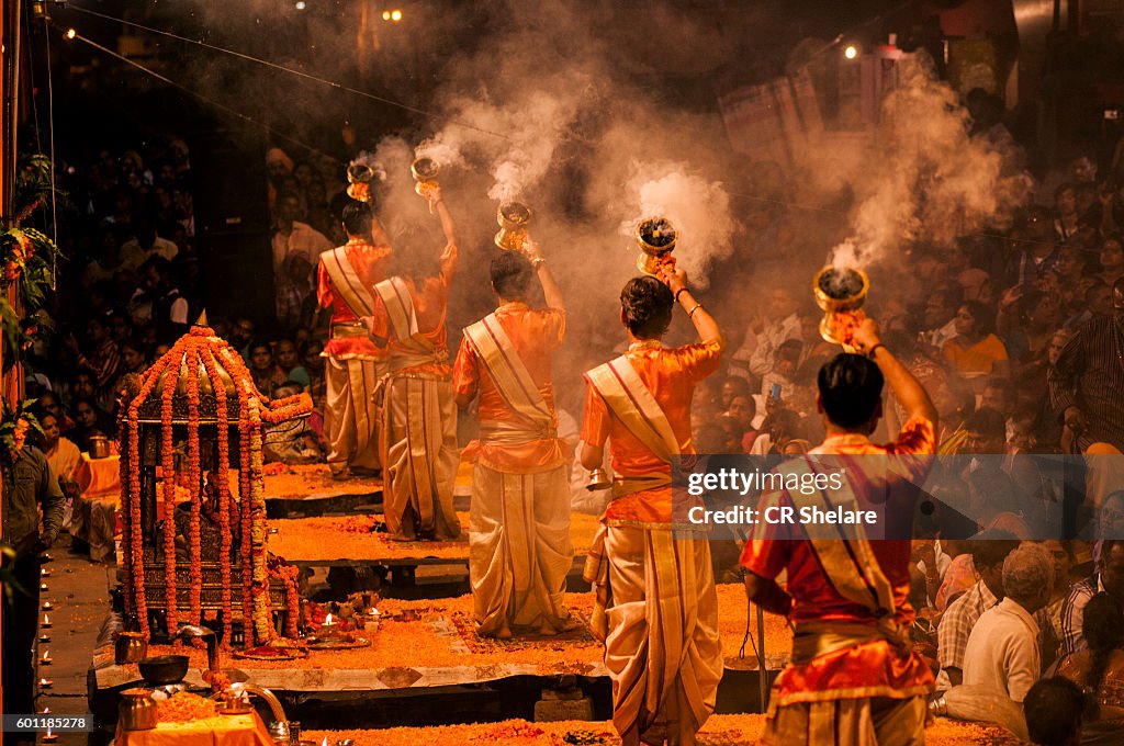 Priest perform Ganga Aarti at Dashashwamedh Ghat at Varanasi, Uttar Pradesh, India