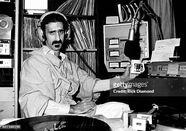 Singer/Songwriter Frank Zappa plays DJ for a day at WKLS 96 Rock in Atlanta Georgia. October 25, 1981