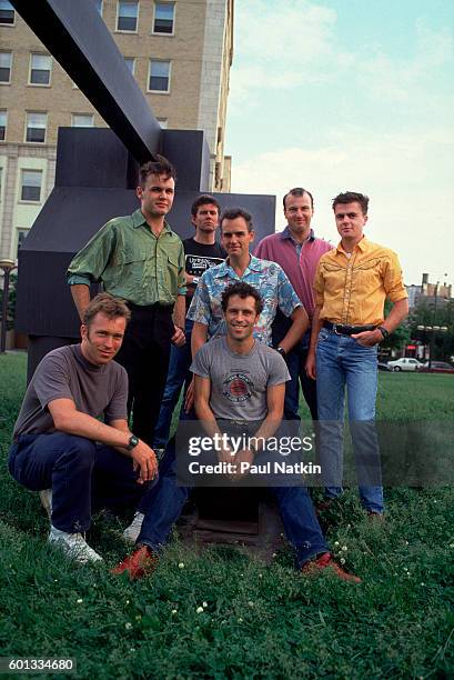 Portrait of the band Hunters and Collectors on the street in Chicago, Illinois, July 13, 1986.