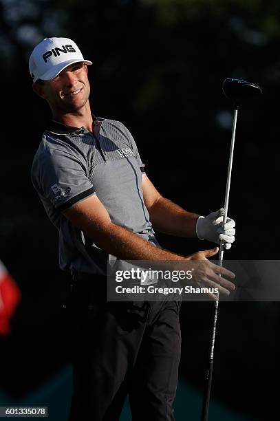 Luke Guthrie watches his tee shot on the first hole during the second round of the Web.com Tour 2016 DAP Championship at the Canterbury Golf Club on...