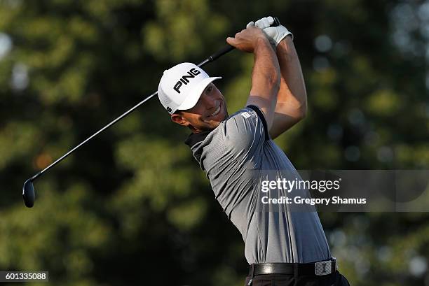 Luke Guthrie watches his tee shot on the second hole during the second round of the Web.com Tour 2016 DAP Championship at the Canterbury Golf Club on...