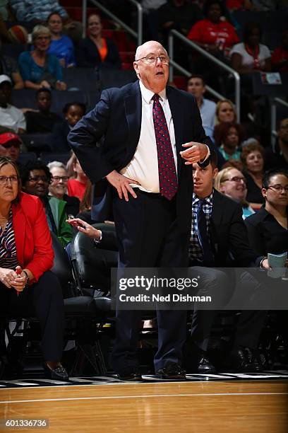 Head Coach Mike Thibault of the Washington Mystics looks on against the Seattle Storm on September 9, 2016 at Verizon Center in Washington, DC. NOTE...