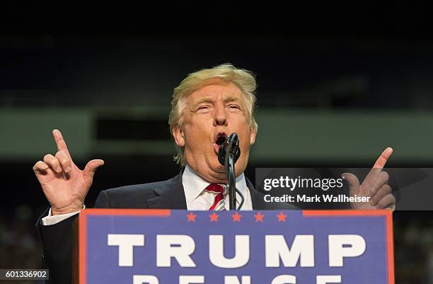 Republican Presidential candidate Donald Trump speaks during a rally at the Pensacola Bay Center on September 9, 2016 in Pensacola, Florida. Polls...