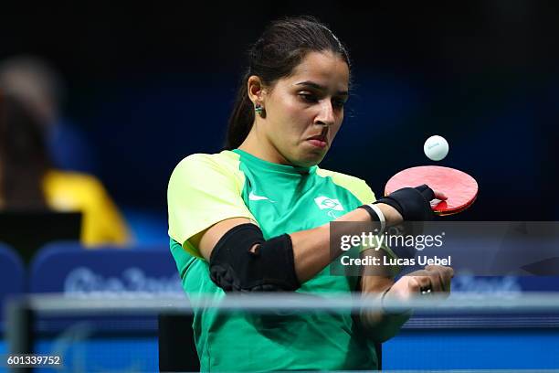 Catia Cristina da Silva Oliveira of Brazil competes in the women's singles Table Tennis - Class 2 on day 2 of the Rio 2016 Paralympic Games at...