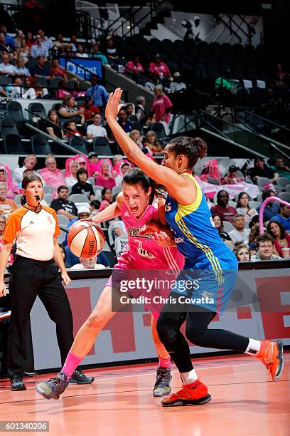 Haley Peters of the San Antonio Stars handles the ball during the game against the Dallas Wings during the WNBA game on September 9, 2016 at the AT&T...