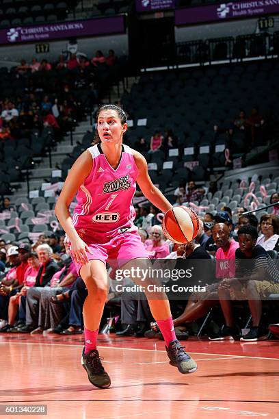 Haley Peters of the San Antonio Stars handles the ball during the game against the Dallas Wings during the WNBA game on September 9, 2016 at the AT&T...