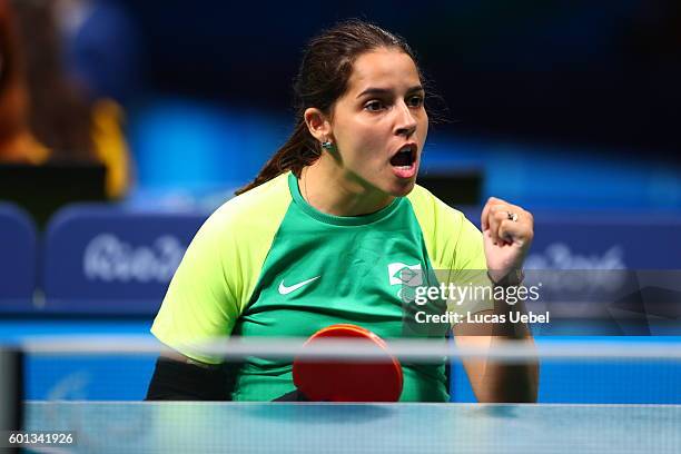 Catia Cristina da Silva Oliveira of Brazil competes in the women's singles Table Tennis - Class 2 on day 2 of the Rio 2016 Paralympic Games at...