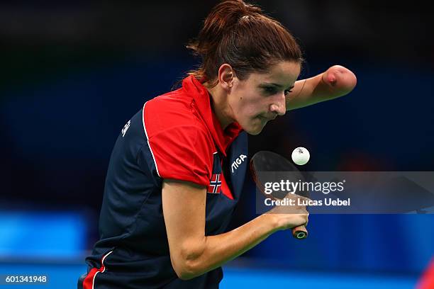 Aida Dahlen of Norway competes in the women's singles Table Tennis - Class 8 on day 2 of the Rio 2016 Paralympic Games at Riocentro - Pavilion 3 on...