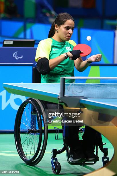 Catia Cristina da Silva Oliveira of Brazil competes in the women's singles Table Tennis - Class 2 on day 2 of the Rio 2016 Paralympic Games at...