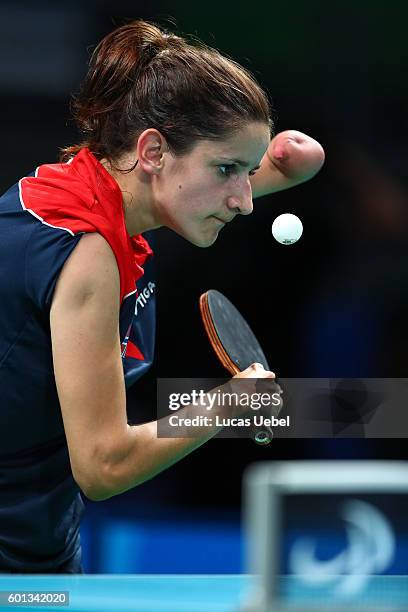 Aida Dahlen of Norway competes in the women's singles Table Tennis - Class 8 on day 2 of the Rio 2016 Paralympic Games at Riocentro - Pavilion 3 on...