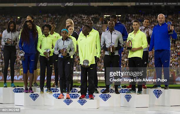 Diamond League winners pose with their trophies during the AG Insurance Memorial Van Damme IAAF Diamond League meeting at King Baoudoin stadium of...