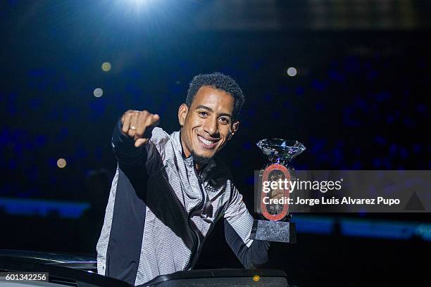 Orlando Ortega of Spain celebrates wih his Diamond Trophy during the AG Insurance Memorial Van Damme IAAF Diamond League meeting at King Baoudoin...