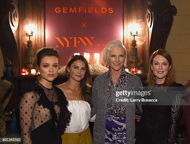 Actress Sophie Cookson, actress Keri Russell, model and dietician Maye Musk and actress Julianne Moore attend the Gemfields In Conversation Cocktail...