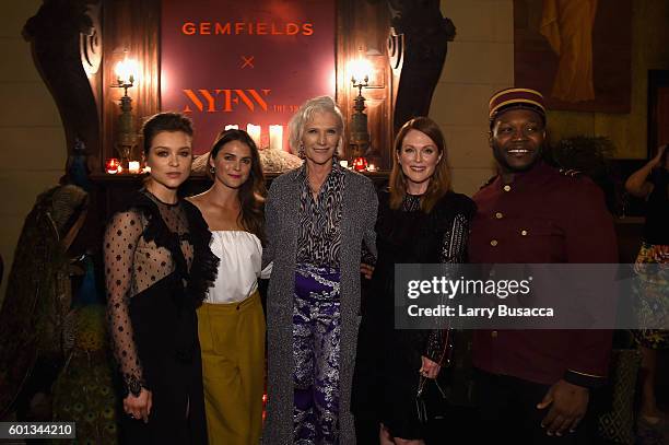 Actress Sophie Cookson, actress Keri Russell, model and dietician Maye Musk and actress Julianne Moore attend the Gemfields In Conversation Cocktail...