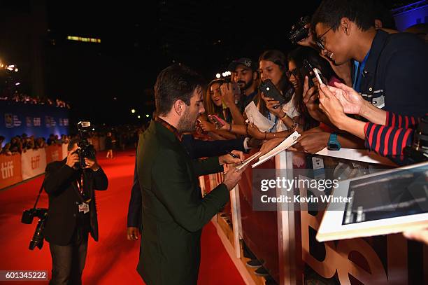 Actor Zachary Quinto attends the "Snowden" premiere during the 2016 Toronto International Film Festival at Roy Thomson Hall on September 9, 2016 in...