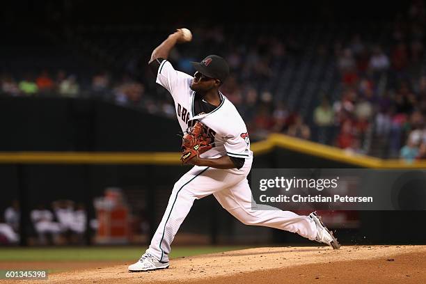 Starting pitcher Rubby De La Rosa of the Arizona Diamondbacks pitches against the San Francisco Giants during the first inning of the MLB game at...