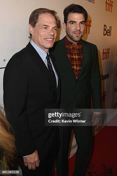 Executive producer Tom Ortenberg and actor Zachary Quinto attend the "Snowden" premiere during the 2016 Toronto International Film Festival at Roy...