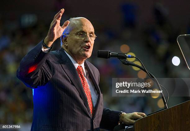 Rudy Giuliani speaks before introducing Republican Presidential candidate Donald Trump during a rally at the Pensacola Bay Center on September 9,...