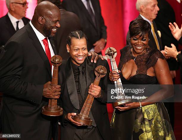 Shaquille O'Neal, Allen Iverson, and Sheryl Swoopes react after the 2016 Basketball Hall of Fame Enshrinement Ceremony at Symphony Hall on September...