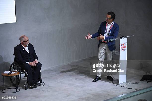 President of International Paralympic Committee Sir Philip Craven and Chief Executive of Channel 4 David Abraham at the British House in the Rio 2016...