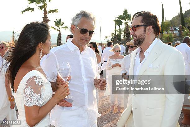 Veronica Bocelli, Andrea Bocelli and Nick Cage attend the apertif at the Teatro del Silenzio as part of Celebrity Fight Night Italy benefiting The...