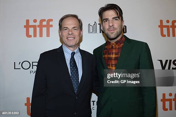 Executive producer Tom Ortenberg and actor Zachary Quinto attend the "Snowden" premiere during the 2016 Toronto International Film Festival at Roy...