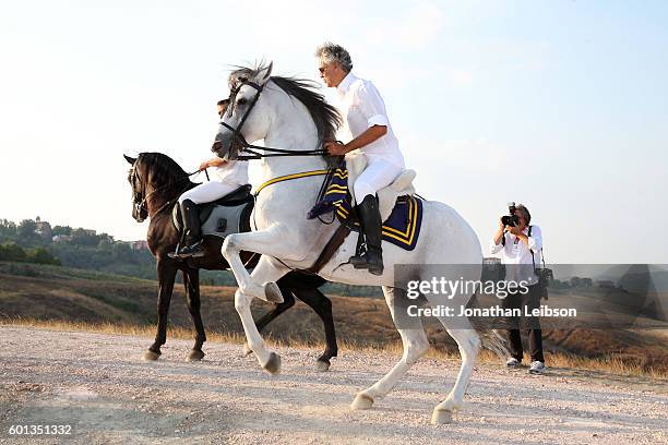 Andrea Bocelli attends the apertif at the Teatro del Silenzio as part of Celebrity Fight Night Italy benefiting The Andrea Bocelli Foundation and The...