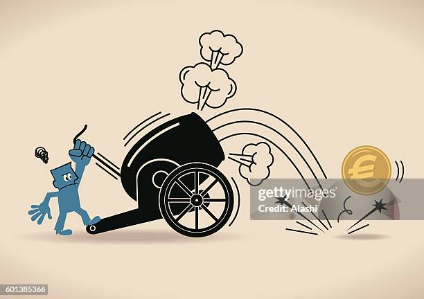 stockillustraties, clipart, cartoons en iconen met cannon firing, businessman shooting euro coin from cannon (downfall) - kanon