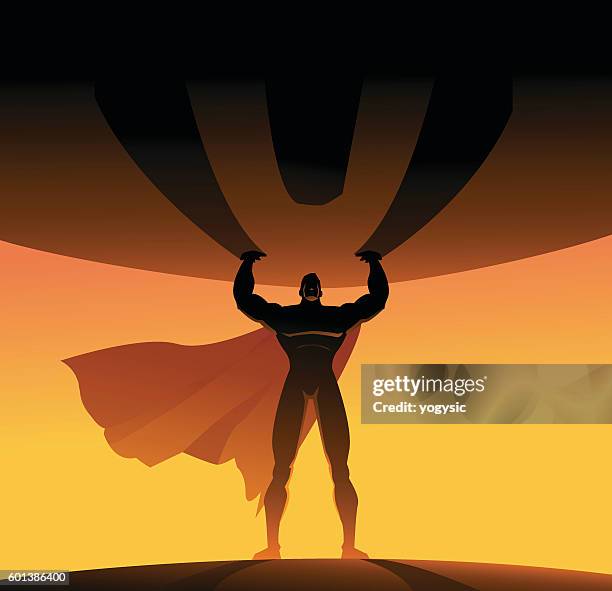 ilustraciones, imágenes clip art, dibujos animados e iconos de stock de superhéroe levanta una silueta de globo pesado - conquer the world cartoon