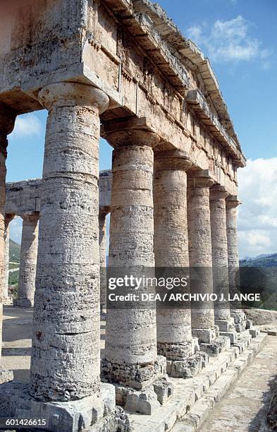 Glimpse of the temple of the ancient city of Segesta, Doric order, Sicily, Italy. Greek civilisation, Magna Graecia, 5th century BC.