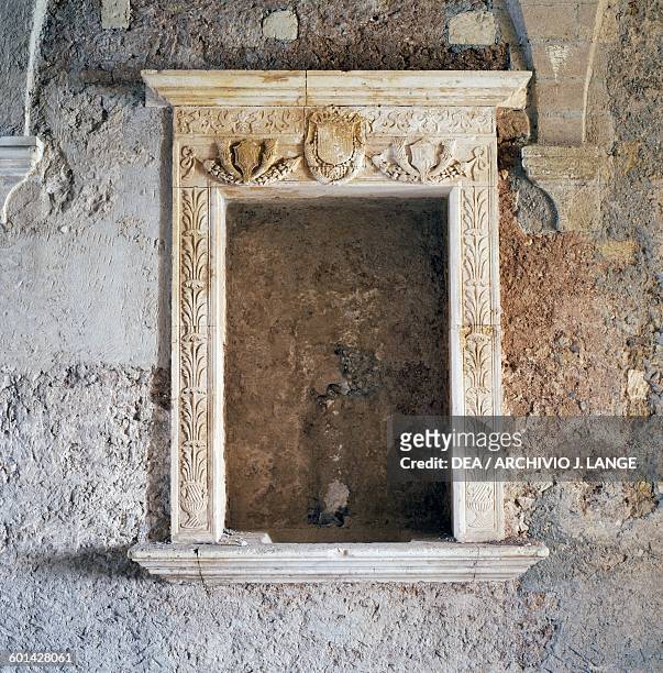 Marble shrine, Alfonsino castle, or Castello di Mare, Sant'Andrea island, Brindisi, Apulia. Italy, 16th century.