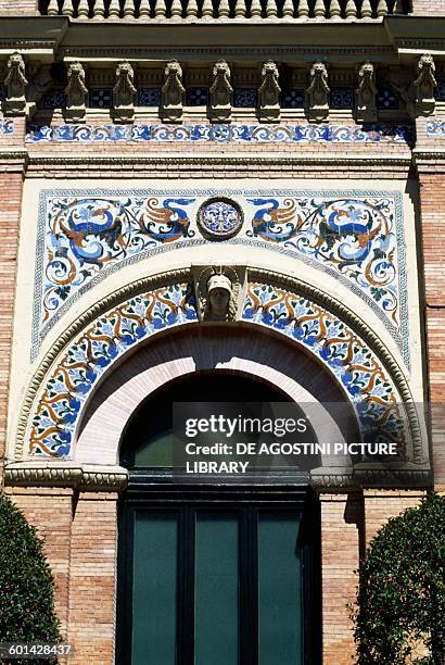 Arch decorated with coloured tiles, Velazquez Palace, 1881-1883, Buen Retiro Park, Madrid. Spain, 19th century.