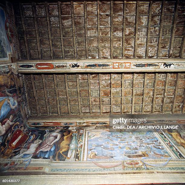 Coffered and frescoed ceiling depicting the Battle of Lepanto, Palazzo Rospigliosi, Zagarolo, Emilia-Romagna. Italy, 16th century.